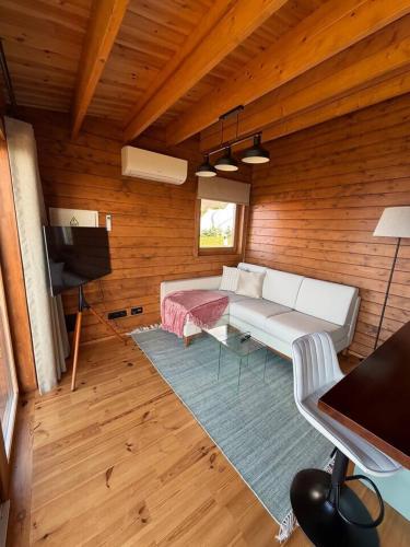 a living room with a white couch and a television at Sunset Eco Shelter 2 in Ponta do Pargo