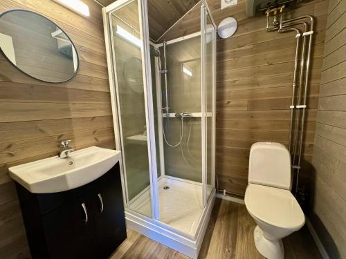 a bathroom with a shower and a toilet and a sink at Trollstigen Resort in Åndalsnes