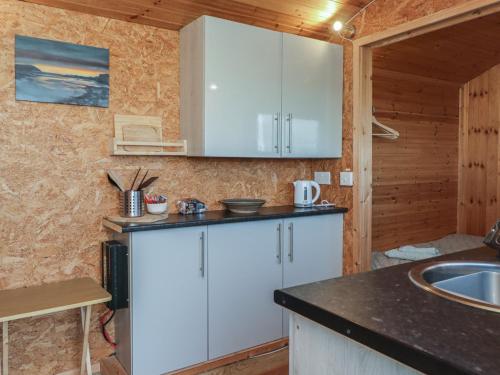 a kitchen with white cabinets and a sink at Rhosgranog Shepherds Hut in Haverfordwest