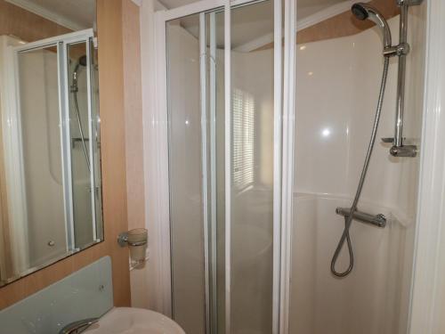 a bathroom with a shower and a toilet and a sink at Rhosgranog Caravan in Haverfordwest