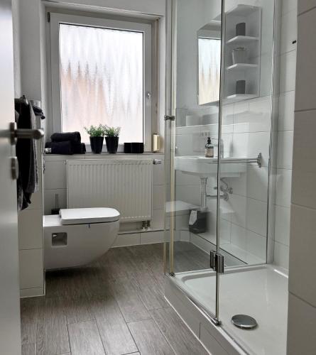 a bathroom with a shower and a toilet and a sink at City Flair by Zirwick Apartment in Weiden