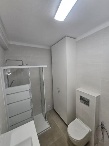 a white bathroom with a toilet and a shower at Algarve Apartment Manta Rota in Vila Nova De Cacela