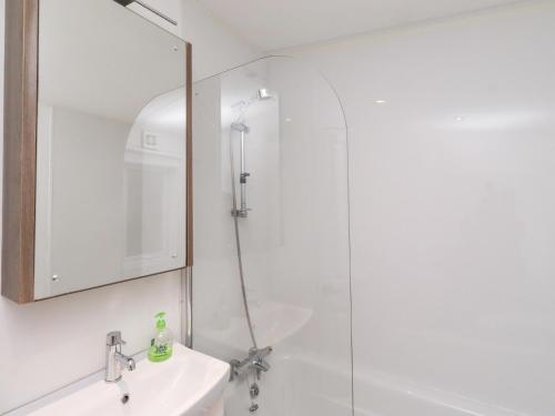 a bathroom with a shower and a sink and a mirror at Chloe's Cabin in Morpeth
