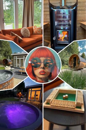 a collage of pictures of a living room with a fire place at Casa del Carmen airco, privé hottub en sauna, WiFi and 2 bedrooms in Heinkensand