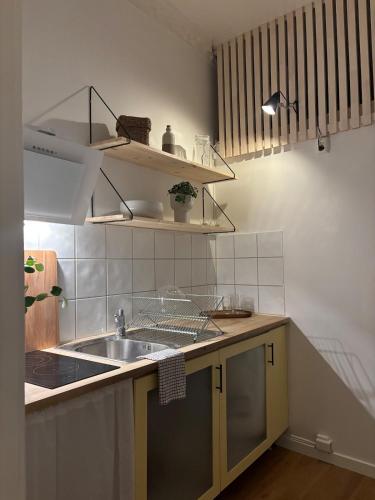 a kitchen with a sink and a counter top at Cozy Studio - 9 min Walk from Oslo Central Station in Oslo