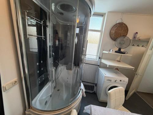 a bathroom with a shower and a washing machine at Rustige, zelfstandige studio- uitsluitend 1 persoon in Dedemsvaart