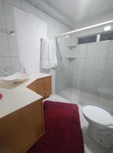 a bathroom with a shower and a toilet and a sink at Ap bom descanso in Palhoça