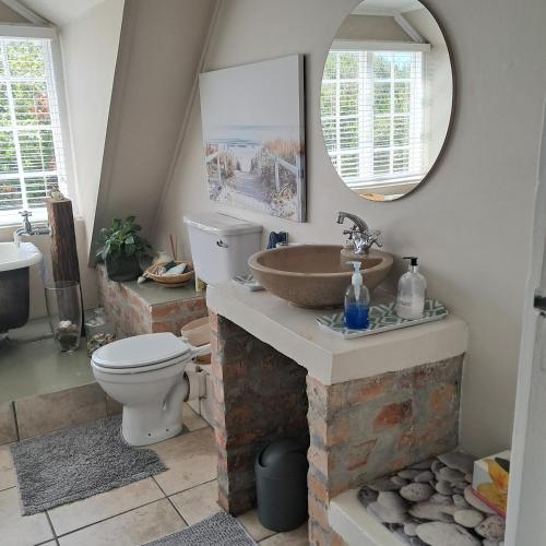 a bathroom with a sink and a toilet and a mirror at Vermont Lofts in Hermanus