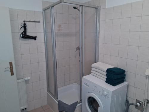 a bathroom with a washing machine and a shower at Geräumige Stadtwohnung mit Balkon in Zwickau
