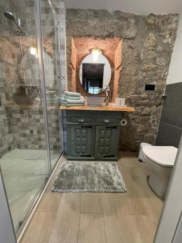 a bathroom with a shower and a sink and a toilet at Casa Aurora in Perelhal