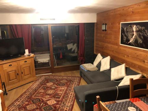 salon z kanapą i telewizorem w obiekcie Appartement w mieście La Celle-sous-Gouzon