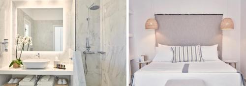 a white bedroom with a shower and a bed at Archipelagos Hotel - Small Luxury Hotels of the World in Kalo Livadi