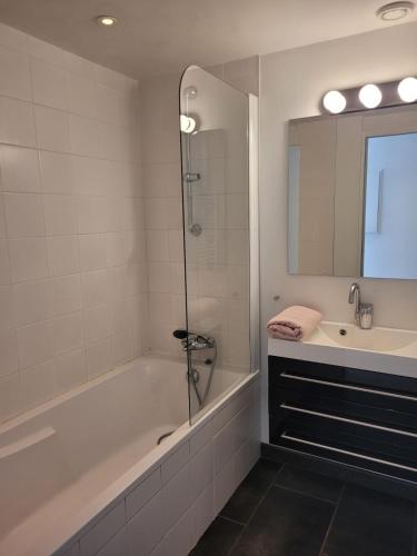 a bathroom with a bath tub and a sink at Charmant appartement et jardin in Saint-Ismier