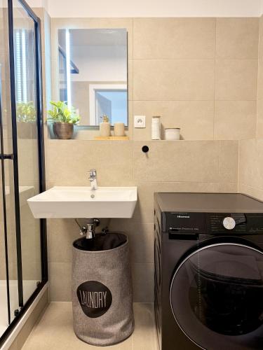 a bathroom with a sink and a washing machine at apartman Sole in Trnava