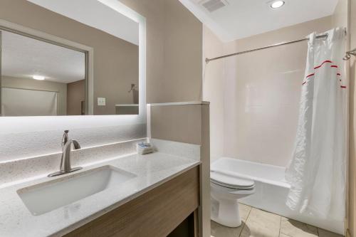 ein Badezimmer mit Waschbecken, Toilette und Spiegel in der Unterkunft Red Roof Inn Georgetown, KY in Georgetown