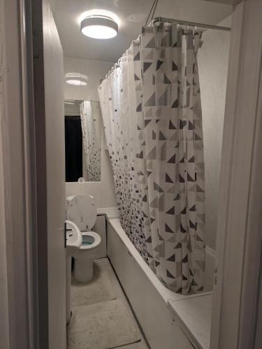 a bathroom with a toilet and a shower curtain at DACH Apartments - Cozy 3 bed Apartment in Hendon in Colindale