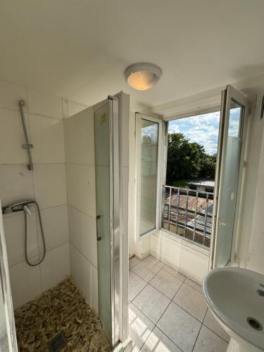 a bathroom with a shower and a sink and a window at Hostel Wilson in Saint-Denis