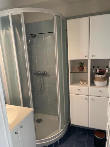 a shower in a bathroom with white cabinets at studio cabine. Terrasse in Le Lavandou