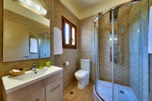 a bathroom with a shower and a toilet and a sink at Villa Androniki in Longós