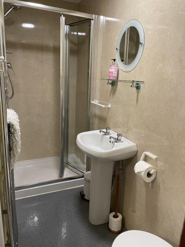 a bathroom with a sink and a shower and a toilet at Crianlarich Cottage in Fort Augustus