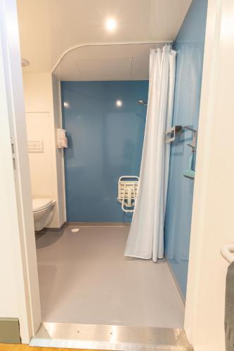 a bathroom with a shower curtain and a toilet at Monastère du Val de Consolation in Consolation-Maisonnettes