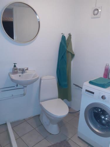 a bathroom with a toilet and a sink and a washing machine at Stor lejlighed ved togstation in Viborg