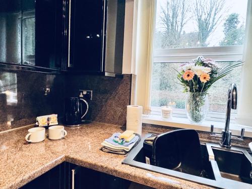 a kitchen counter with a sink and a vase of flowers at New Road Apartment - 2 Bedrooms - Sleeps 3 in Whitehaven