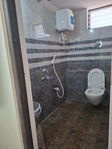 a bathroom with a toilet and a shower at Lotus Villa Hampi in Hospet