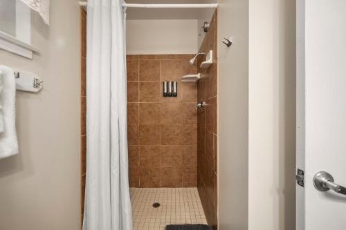 a shower with a shower curtain in a bathroom at Arnold Meadowmont Lodge in Arnold