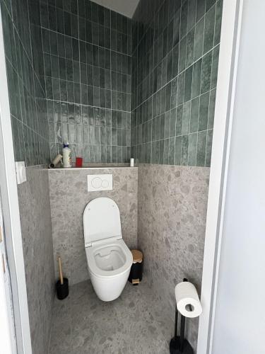 ein Badezimmer mit Toilette und grün gefliester Wand in der Unterkunft Maison 1880 in Annonay