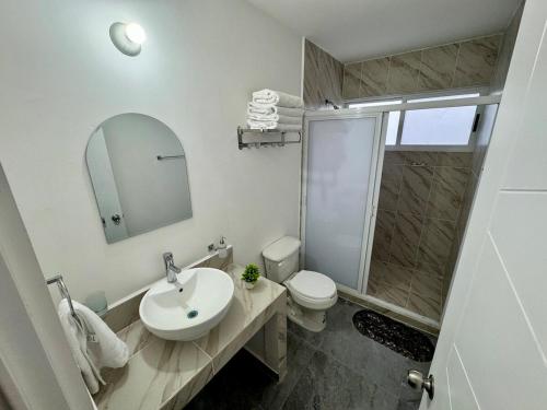 a bathroom with a sink and a toilet and a mirror at Casa Alejandra, Bernal Pueblo Magico in Bernal