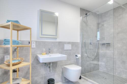 a bathroom with a shower and a sink and a toilet at Modernes Wohlfühl-Apartment mit Glasfaser-WLAN, Parkplatz in der Nähe & Küche in Bad Wimpfen in Bad Wimpfen