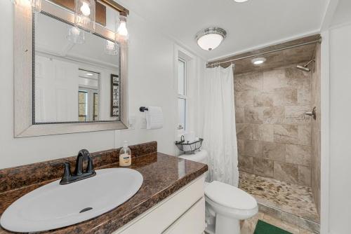 a bathroom with a sink and a toilet and a mirror at Eco Luxe Tiny Cabin with Big Mountain Views in Sylva