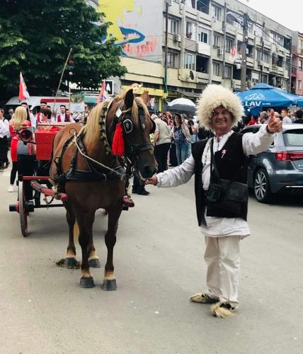 a woman standing next to a horse in a parade at Domaćinstvo Jovanović in Cerovica