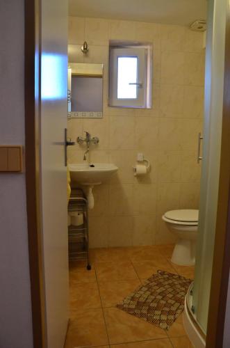a bathroom with a sink and a toilet at ubytování MILUMI in Strážnice