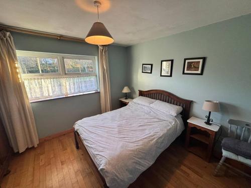 a bedroom with a bed and a chair and two windows at Portmagee Seaside Cottages - Gannet in Portmagee