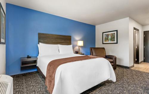 a bedroom with a large bed and a blue wall at My Place Hotel-Shakopee, MN in Shakopee