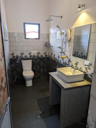 a bathroom with a sink and a toilet at The Aurora in Ahangama