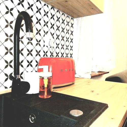 a kitchen sink with a red toaster on a counter at Klonowicza One in Leszno