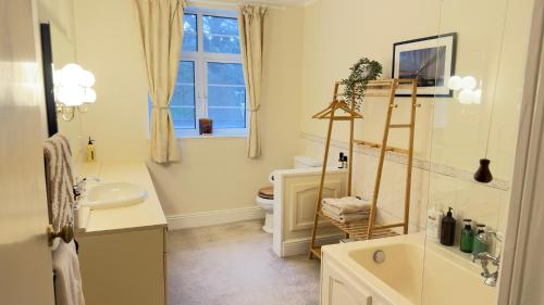 a bathroom with a sink and a toilet and a window at Moorswater Lodge Country Guest House with Wine Bar in Liskeard