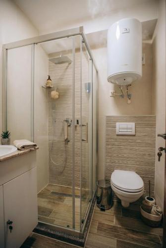 a bathroom with a shower and a toilet and a sink at White Blue Ohrid - Free Parking Balcony near Lake and Old Town Apartments in Ohrid