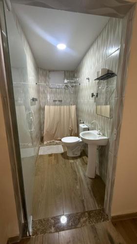 a bathroom with a toilet and a sink and a shower at Pousada Amendoeira in Mangaratiba