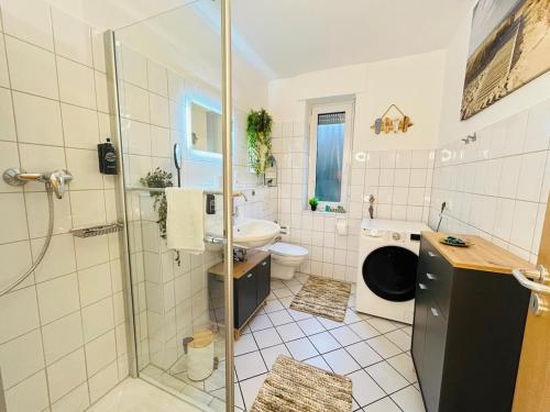a bathroom with a shower and a toilet and a sink at Fewo am Disselhook in Lüdinghausen
