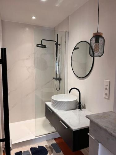 a white bathroom with a shower and a sink at Appartement premium Hyper Centre in Ajaccio