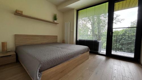 a bedroom with a bed and a large window at Apartmán Jasanek in Železná Ruda