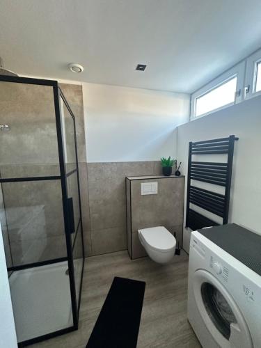a bathroom with a toilet and a washing machine at Bungalow kleine Deichperle, Strand, Deich und ein wunderschöner kleiner Ort in unmittelbarer, fußläufger Nähe! in Lemmer