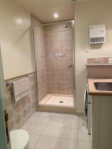 a bathroom with a shower with a toilet and a sink at La Maison du Gardien in La Celle-sous-Gouzon