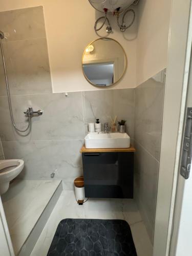 a bathroom with a sink and a mirror at Modern Compact Studio near Frankfurt in Karben