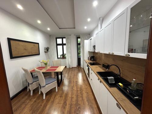 a kitchen with a table and chairs in a room at An der Neiße in Görlitz