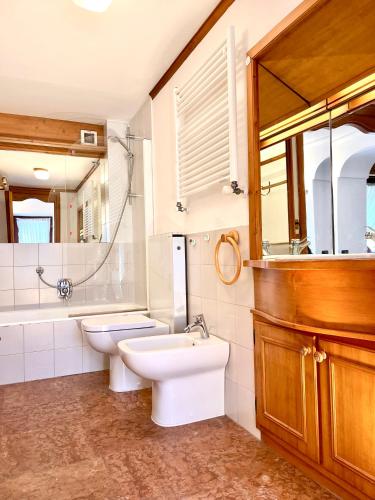 a bathroom with a sink and a toilet and a mirror at Cortina Relax in Cortina dʼAmpezzo
